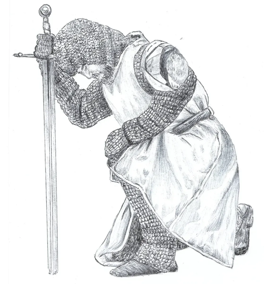 Caballero en cota de malla apoyado en su espada, dibujo a lápiz