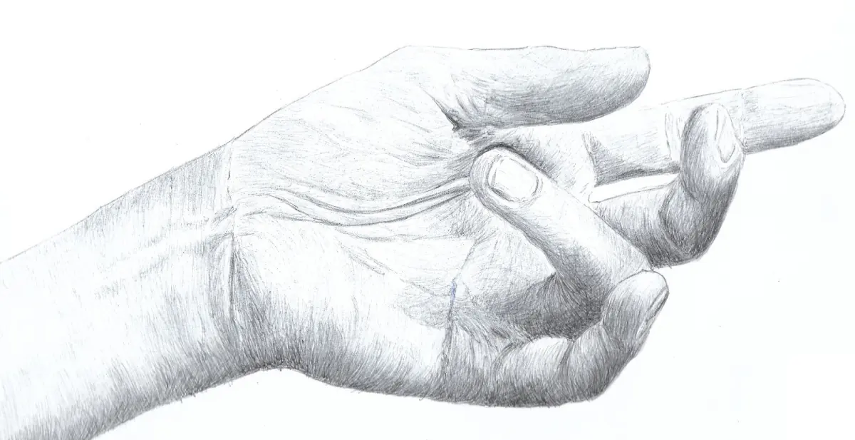 Mano extendida, dedo apuntando, dibujo a lápiz