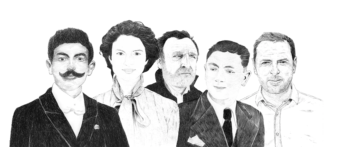 Retratos ilustrados de las cinco figuras que dieron forma a la historia del Domaine des Cinq Autels