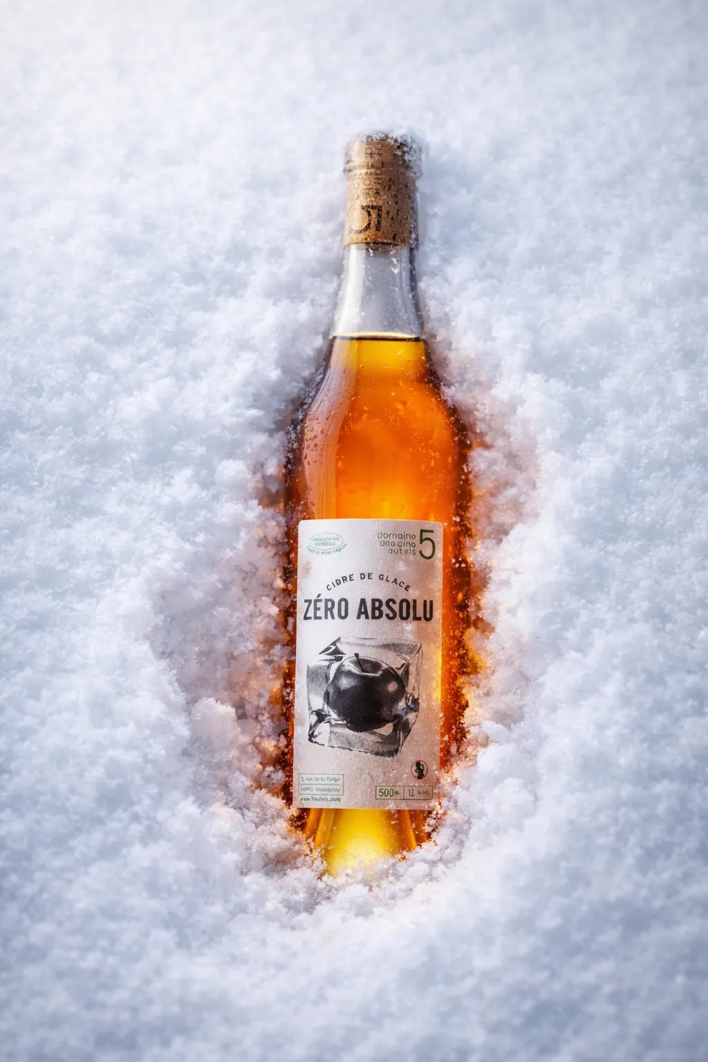 Botella de sidra de hielo Zéro Absolu del Domaine des Cinq Autels, medio enterrada en la nieve