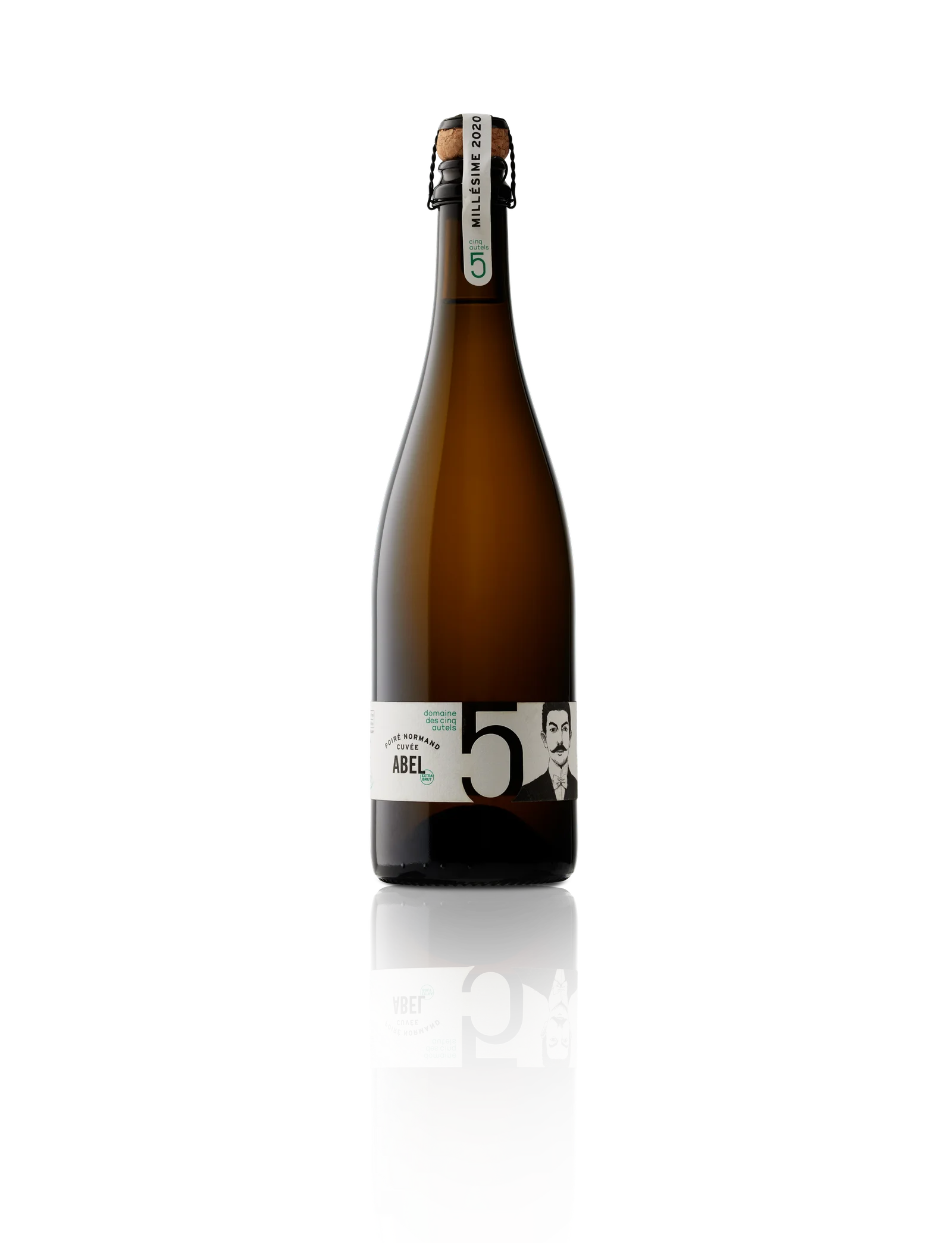 Botella de la Cuvée Abel, perada extra brut del Domaine des Cinq Autels, etiqueta con un retrato dibujado de Abel Pitrou